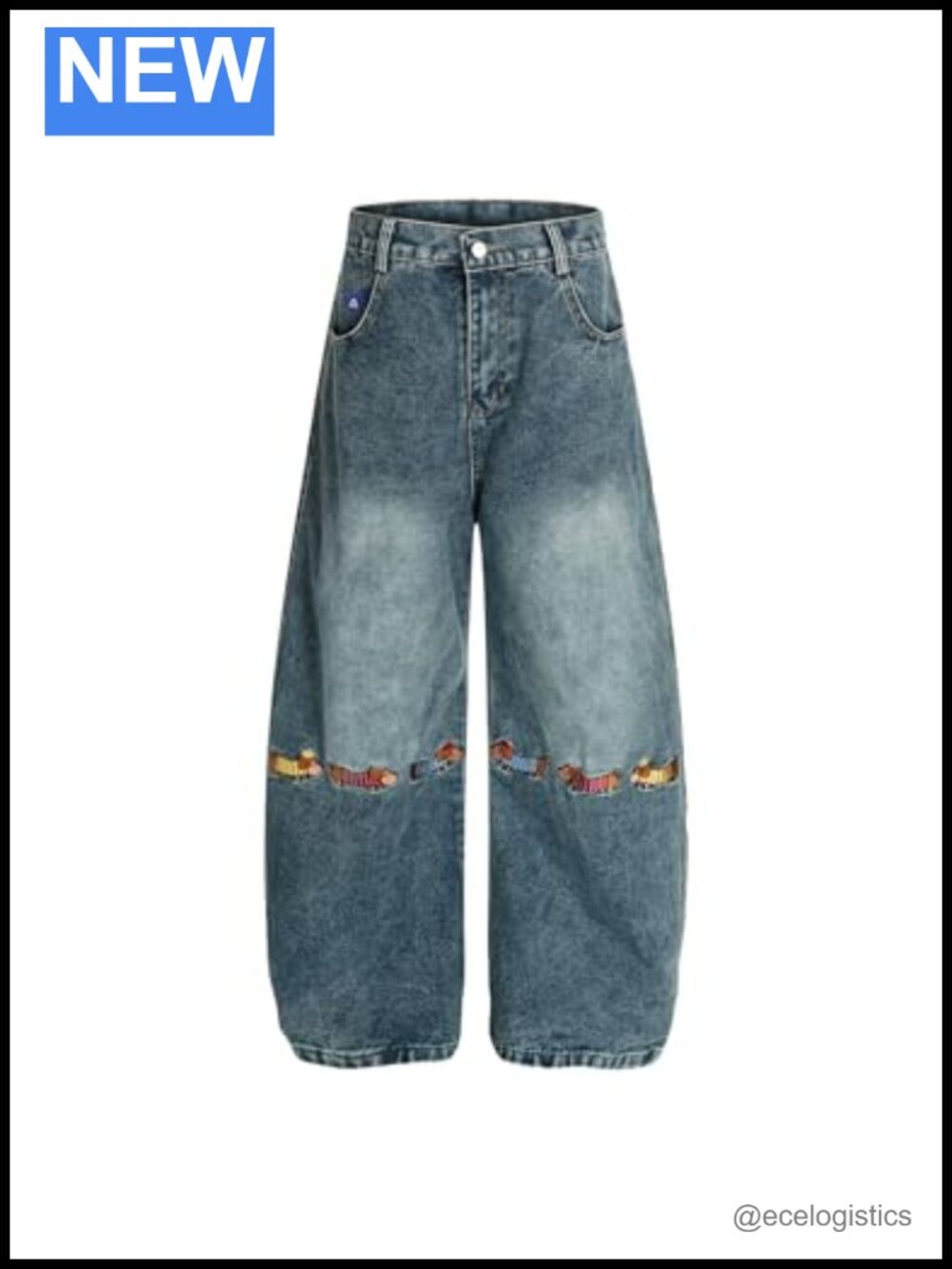Aelfric Eden Dachshund Embroidery Baggy Barrel Jeans Wide Leg Y2K Denim Pants
